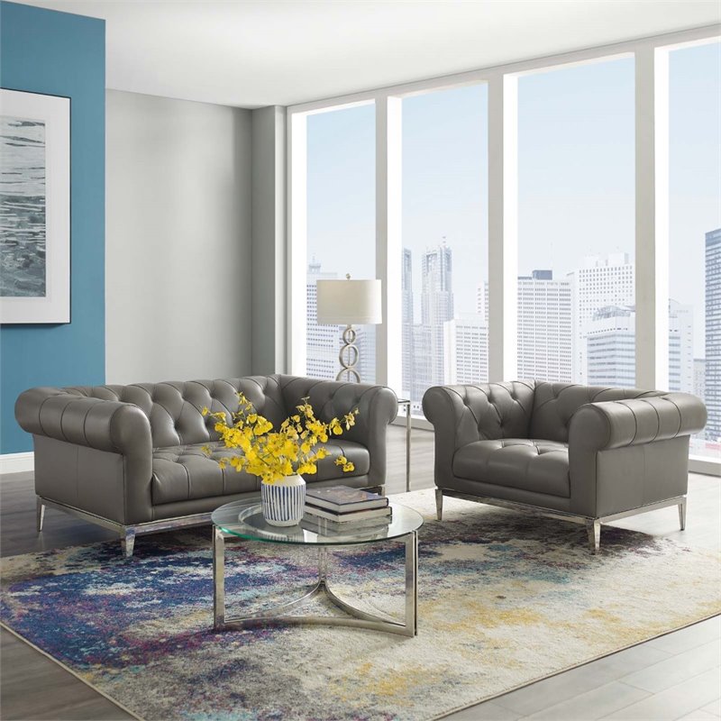 Modway Idyll Tufted Upholstered Leather Loveseat and Armchair in Gray