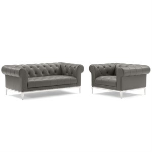 Modway Idyll Tufted Upholstered Leather Loveseat and Armchair in Gray