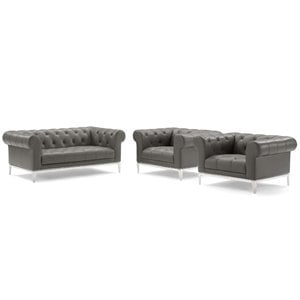 Modway Idyll 3-Piece Tufted Leather Upholstered Loveseat Set in Gray