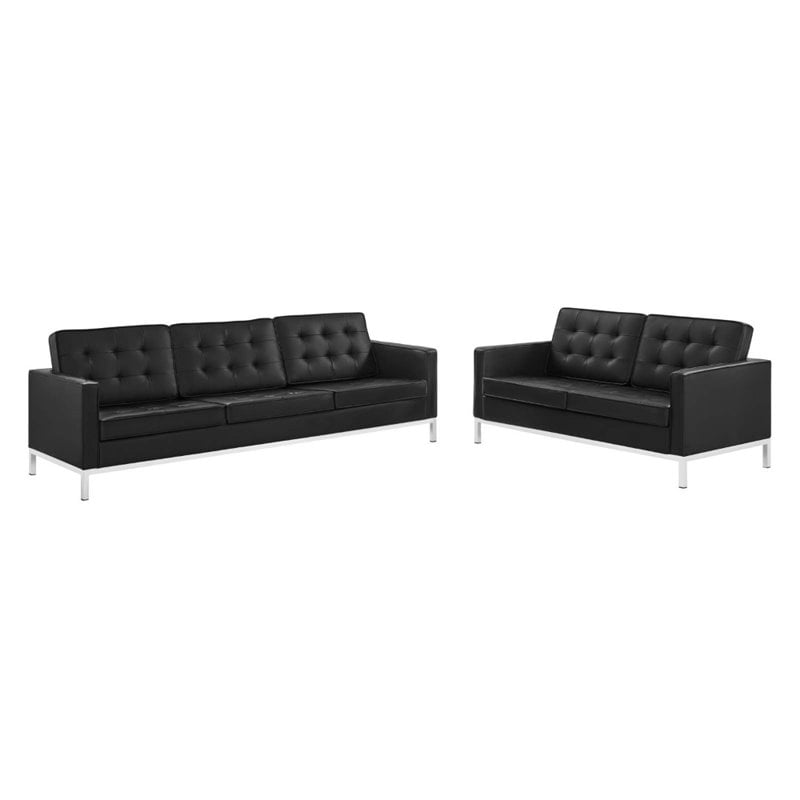 Modway Loft 2-Piece Modern Tufted Faux Leather Sofa and Loveseat Set in Black