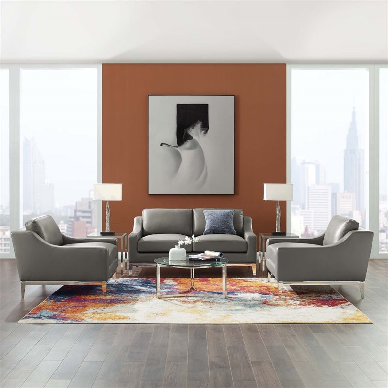 Modway Harness 3-Piece Stainless Steel & Leather Loveseat Set in Gray