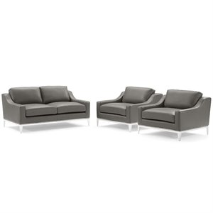 Modway Harness 3-Piece Stainless Steel & Leather Loveseat Set in Gray