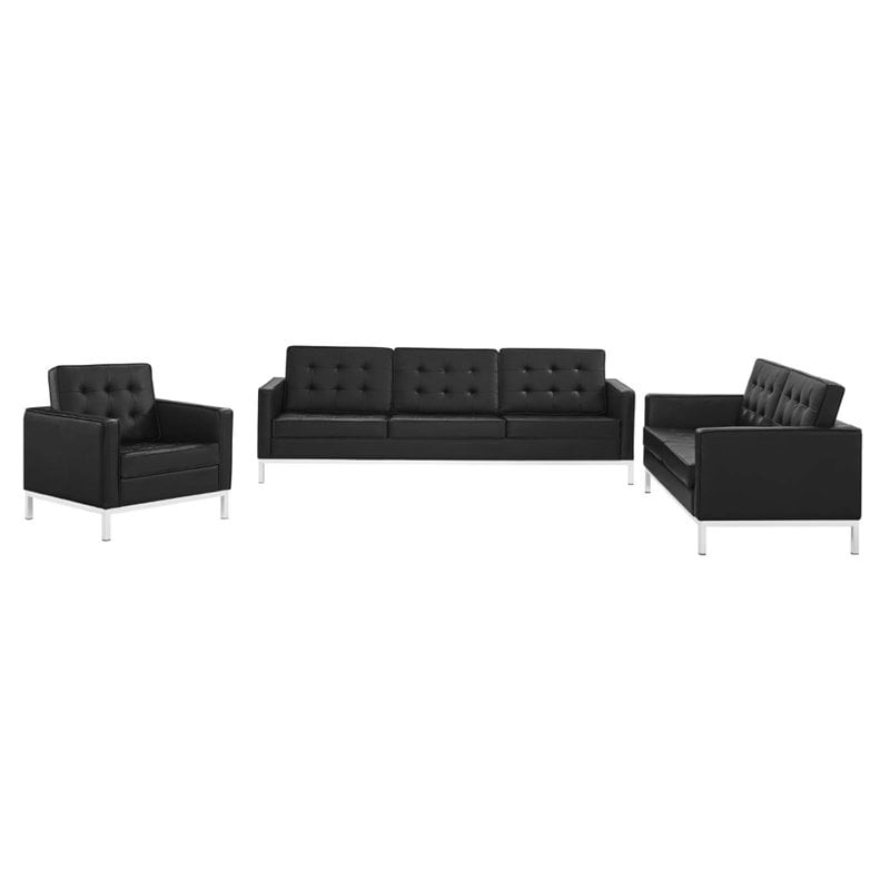 Modway Loft 3-Piece Modern Tufted Upholstered Faux Leather Sofa Set in Black