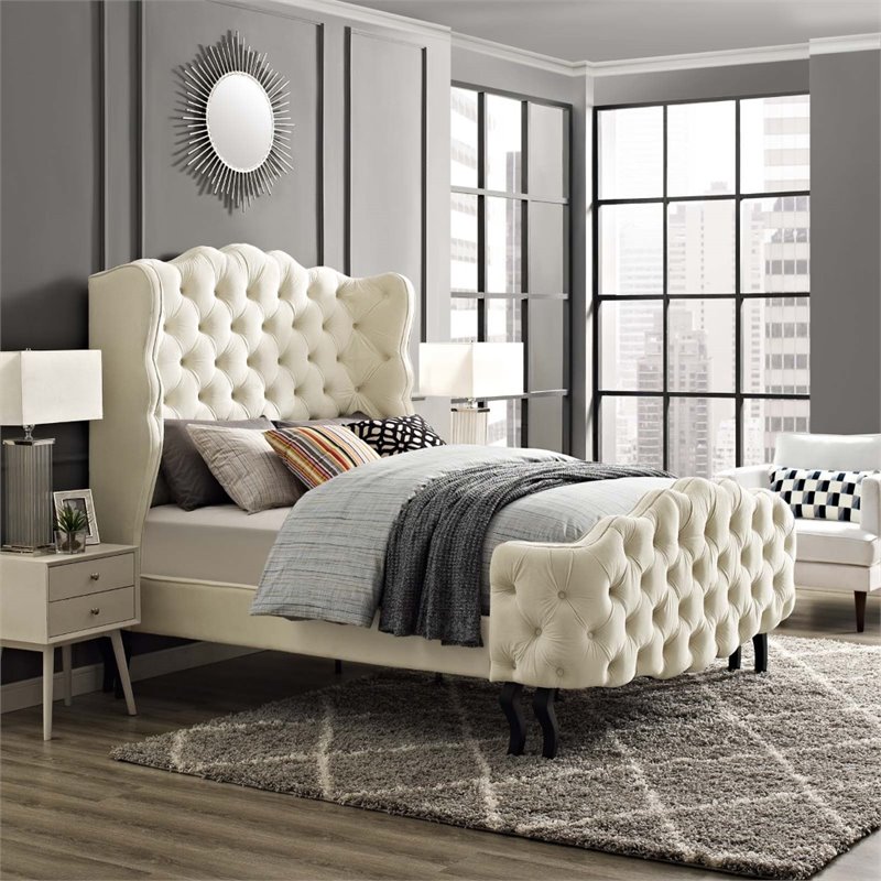 Modway Violette Tufted Wingback Velvet Queen Platform Bed in Ivory