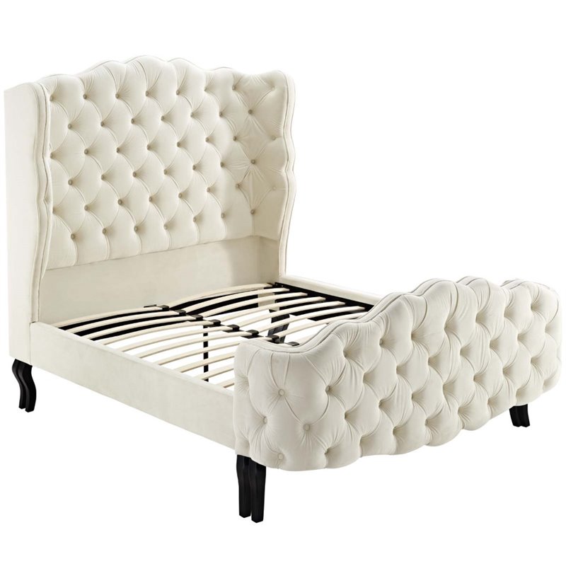 Modway Violette Tufted Wingback Velvet Queen Platform Bed in Ivory