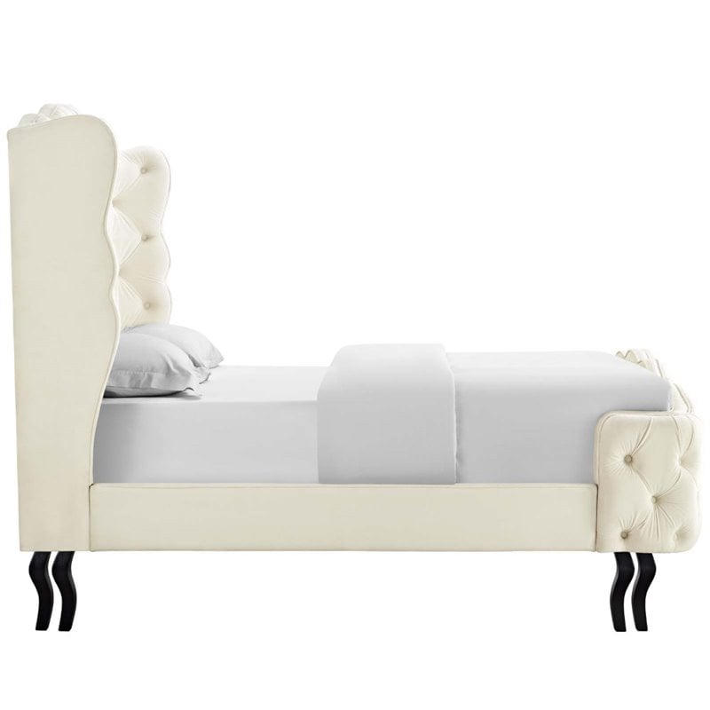 Modway Violette Tufted Wingback Velvet Queen Platform Bed in Ivory