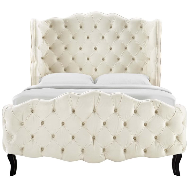 Modway Violette Tufted Wingback Velvet Queen Platform Bed in Ivory