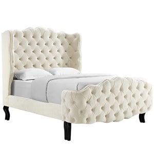 Modway Violette Tufted Wingback Velvet Queen Platform Bed in Ivory