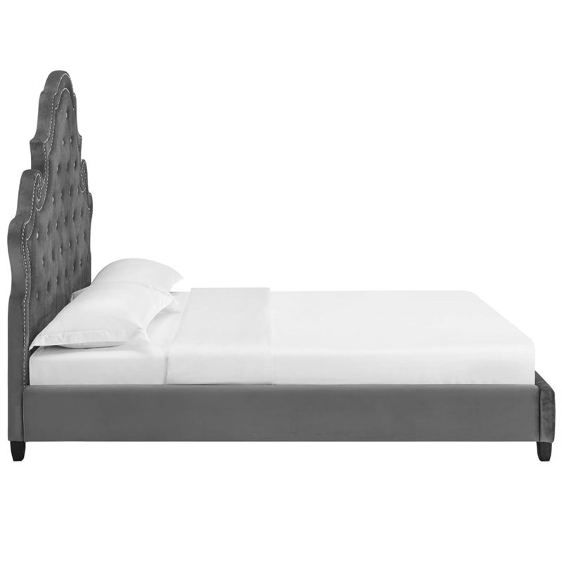 Modway Valentina Queen Tufted Nailhead Performance Velvet Platform Bed in Gray