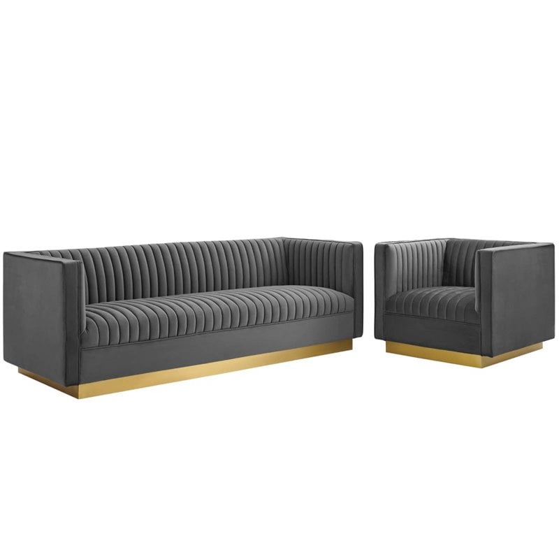 Modway Sanguine 2-Piece Modern Performance Velvet Sofa and Armchair Set in Gray