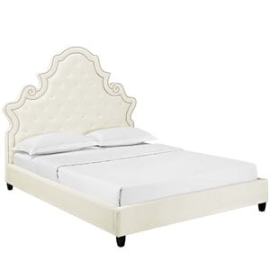 Modway Valentina Tufted Nailhead Velvet Queen Platform Bed in Ivory