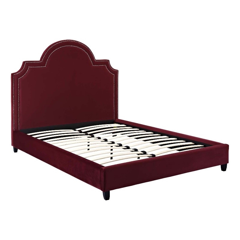 Modway Primrose Queen Modern Performance Velvet Platform Bed in Maroon Red