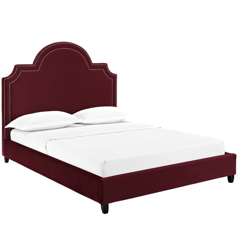 Modway Primrose Queen Modern Performance Velvet Platform Bed in Maroon Red