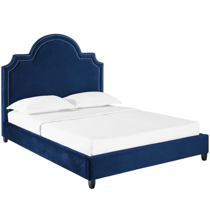Modway Primrose Queen Modern Performance Velvet Platform Bed in Navy