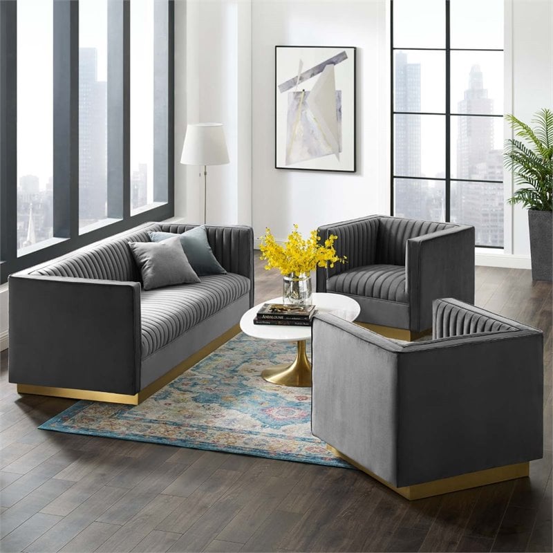 Modway Sanguine 3-Piece Channel Tufted Upholstered Velvet Sofa Set in Gray