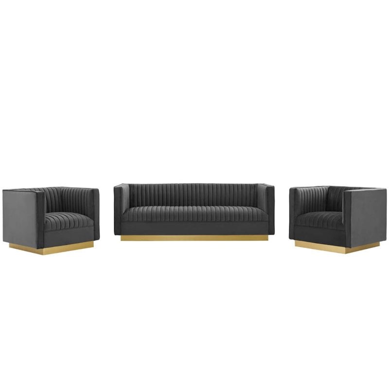 Modway Sanguine 3-Piece Channel Tufted Upholstered Velvet Sofa Set in Gray