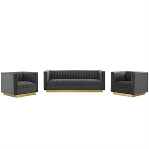 Modway Sanguine 3-Piece Channel Tufted Upholstered Velvet Sofa Set in Gray