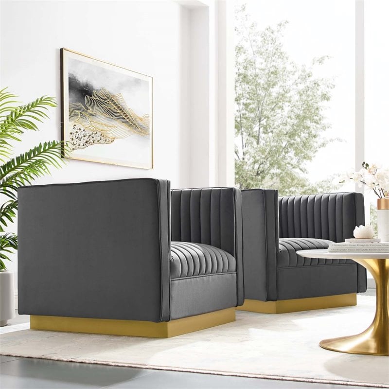 Modway Sanguine Modern Performance Velvet Armchair in Gray/Gold (Set of 2)