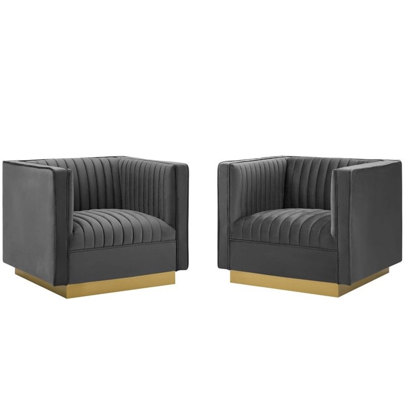 Modway Sanguine Modern Performance Velvet Armchair in Gray/Gold (Set of 2)