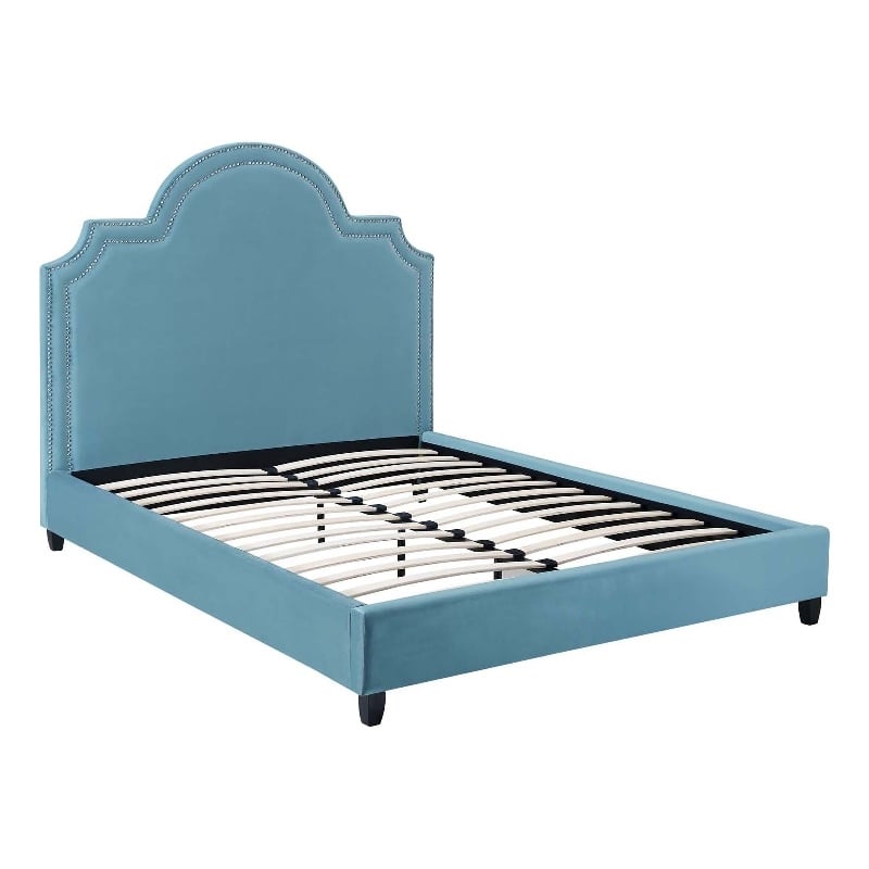 Modway Primrose Queen Modern Performance Velvet Platform Bed in Sea Blue