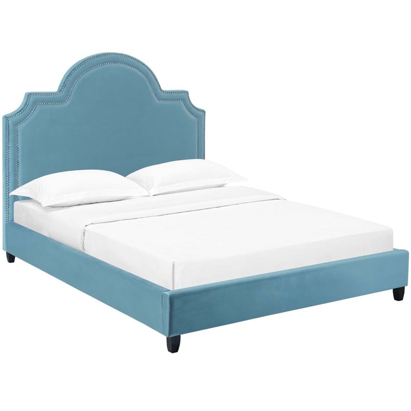 Modway Primrose Queen Modern Performance Velvet Platform Bed in Sea Blue