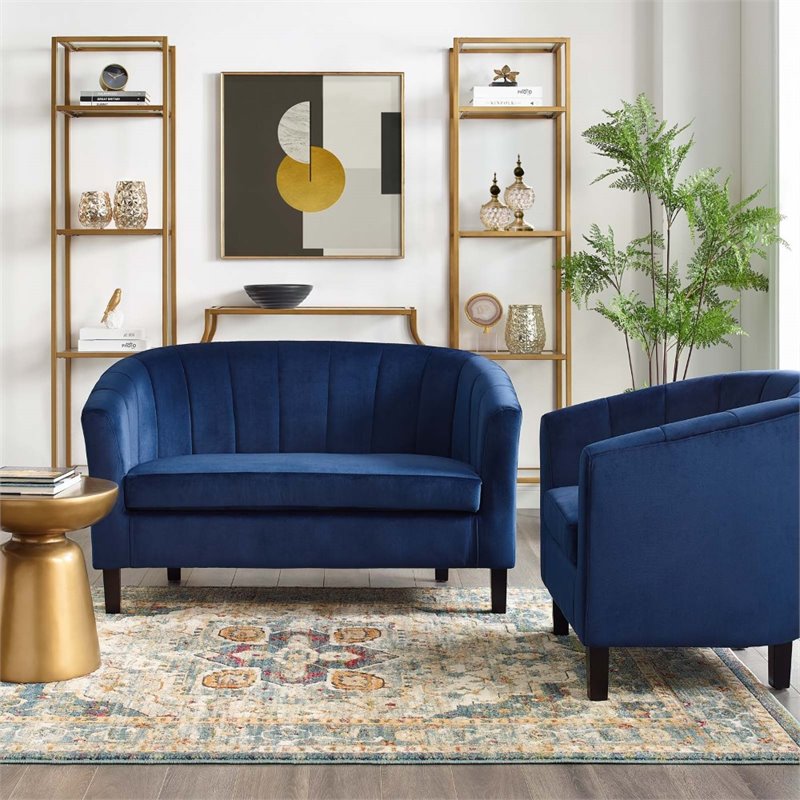 Modway Prospect Channel Tufted Velvet Loveseat and Armchair Set in Navy