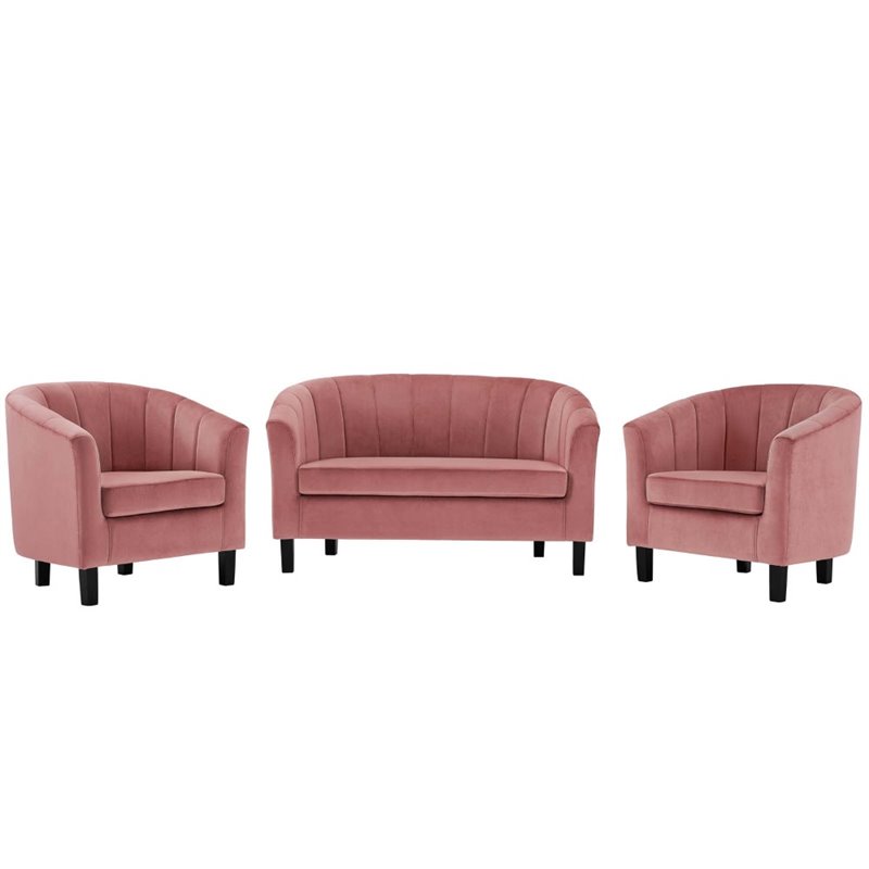 Modway Prospect 3 Piece Channel Tufted Velvet Loveseat Set in Dusty