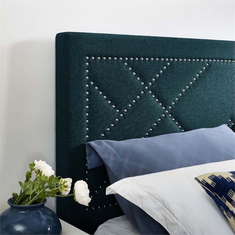Modway Reese Nailhead Full/Queen Upholstered Linen Fabric Headboard in Azure
