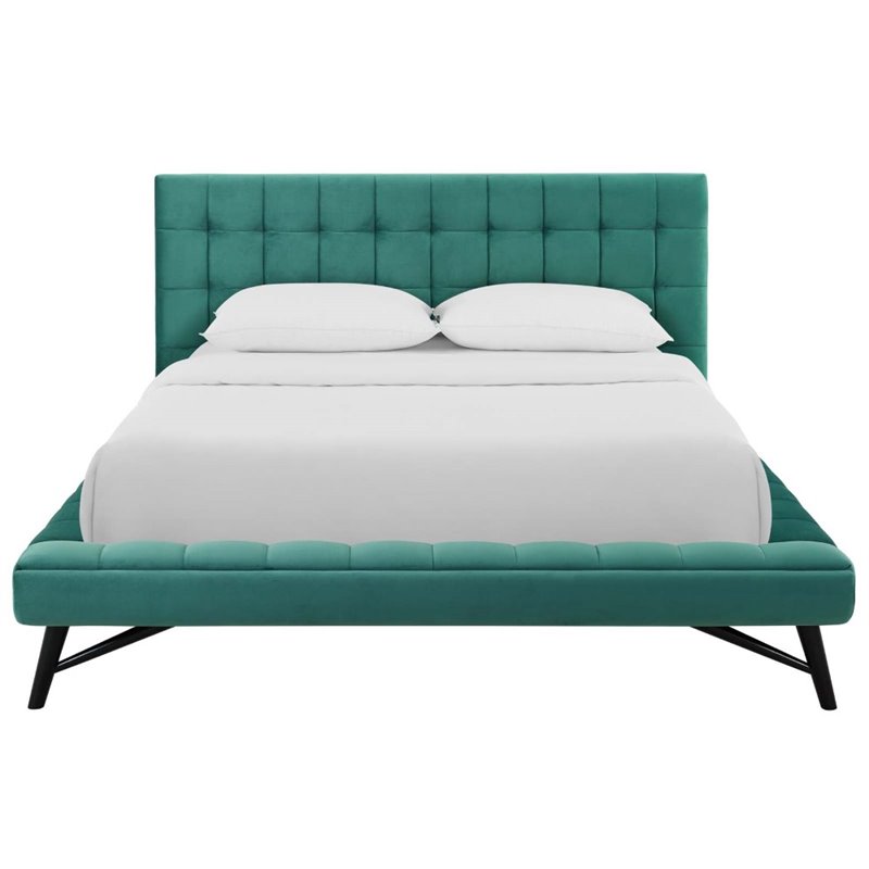 Modway Julia Queen Biscuit Tufted Performance Velvet Platform Bed in Teal Blue