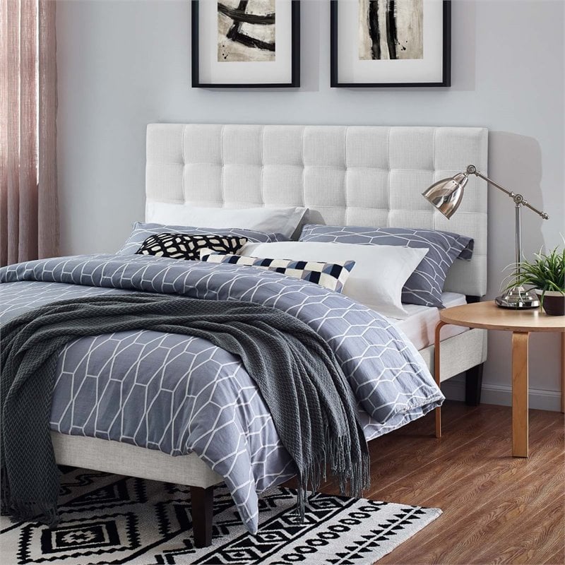 Modway Paisley Tufted Full/Queen Upholstered Linen Fabric Headboard in White