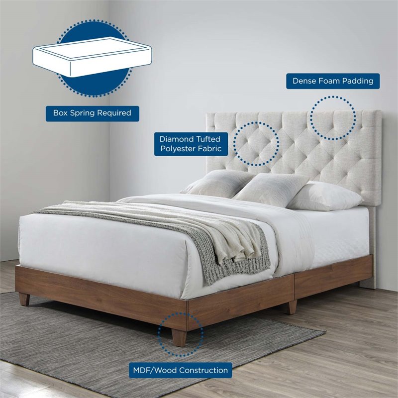 Modway Rhiannon Diamond Tufted Upholstered Fabric Wood Queen Bed in Walnut/Beige