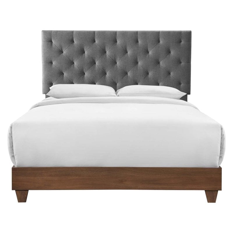 Modway Rhiannon Diamond Tufted Upholstered Fabric Wood Queen Bed in Walnut/Gray