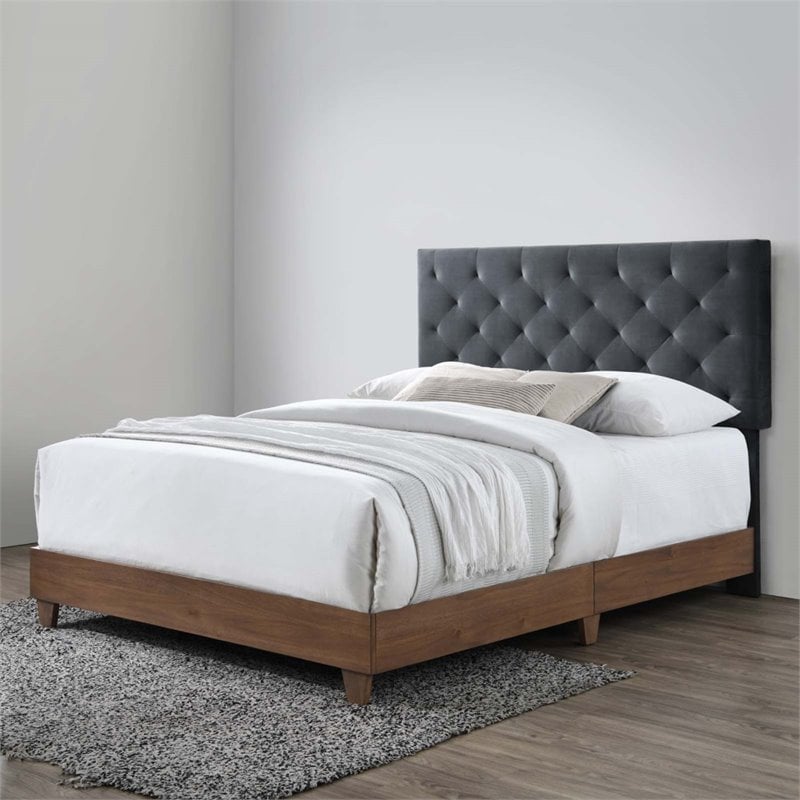 Modway Rhiannon Diamond Tufted Velvet Wood Queen Bed in Walnut/Charcoal