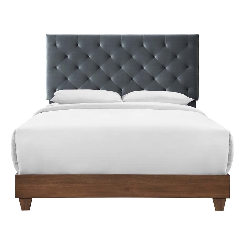 Modway Rhiannon Diamond Tufted Velvet Wood Queen Bed in Walnut/Charcoal