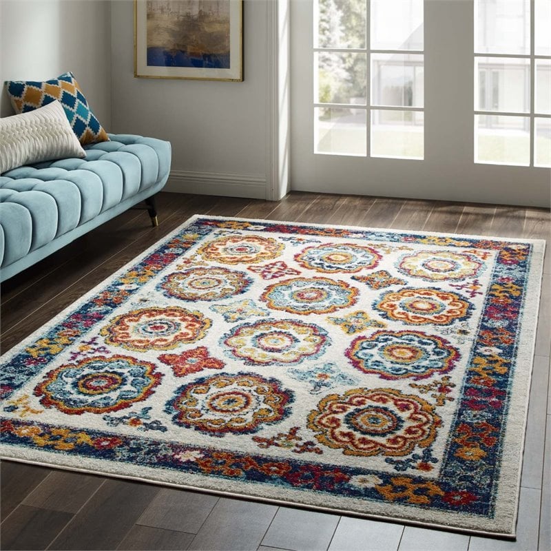 Modway Entourage Odile Floral Moroccan Trellis Area Rug in Ivory/Blue/Red/Orange