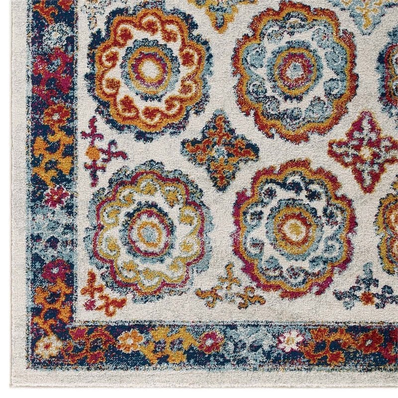 Modway Entourage Odile Floral Moroccan Trellis Area Rug in Ivory/Blue/Red/Orange