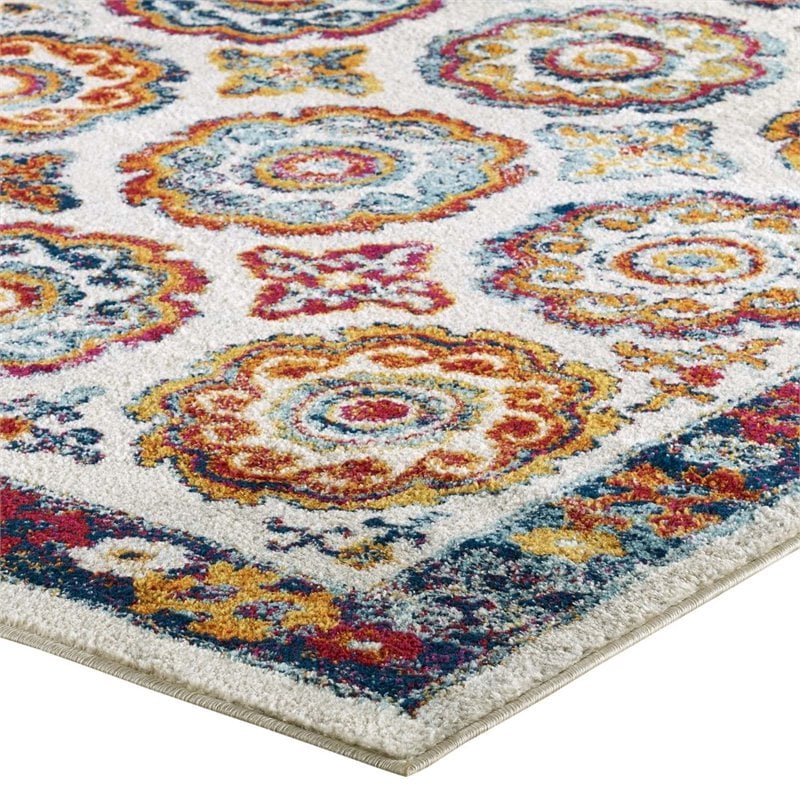 Modway Entourage Odile Floral Moroccan Trellis Area Rug in Ivory/Blue/Red/Orange
