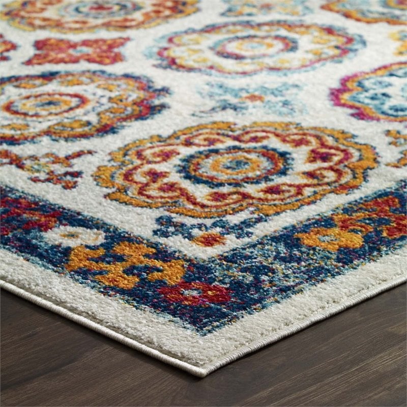 Modway Entourage Odile Floral Moroccan Trellis Area Rug in Ivory/Blue/Red/Orange