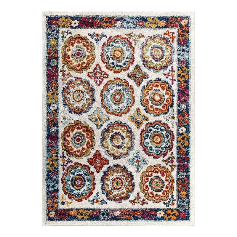 Modway Entourage Odile Floral Moroccan Trellis Area Rug in Ivory/Blue/Red/Orange