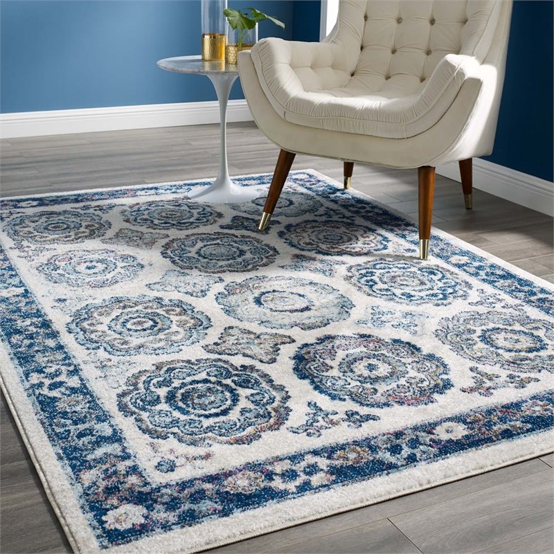 Modway Entourage Odile Floral Moroccan Trellis Area Rug in Ivory and Blue