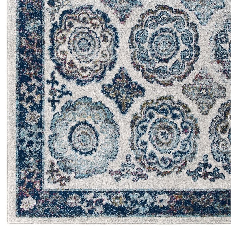 Modway Entourage Odile Floral Moroccan Trellis Area Rug in Ivory and Blue