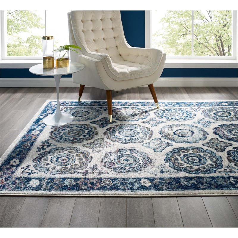 Modway Entourage Odile Floral Moroccan Trellis Area Rug in Ivory and Blue