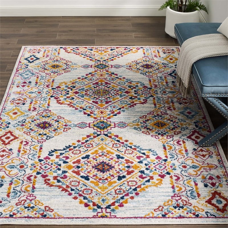Modway Entourage Khalida Floral Lattice Area Rug in Ivory/Blue/Orange/Yellow/Red