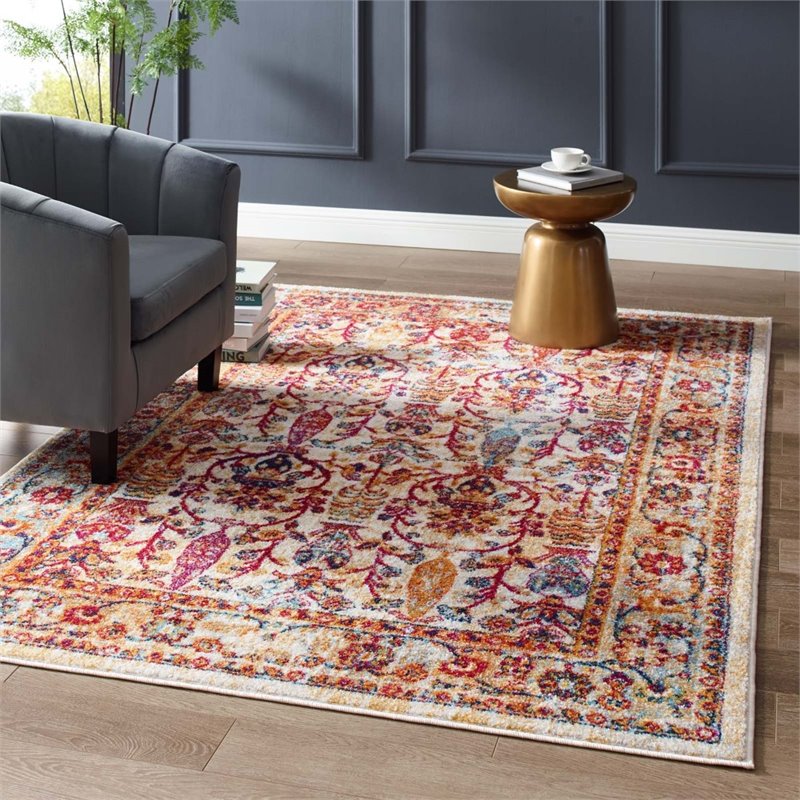 Modway Entourage Jessa Floral Lattice Area Rug in Ivory/Blue/Orange/Yellow/Red