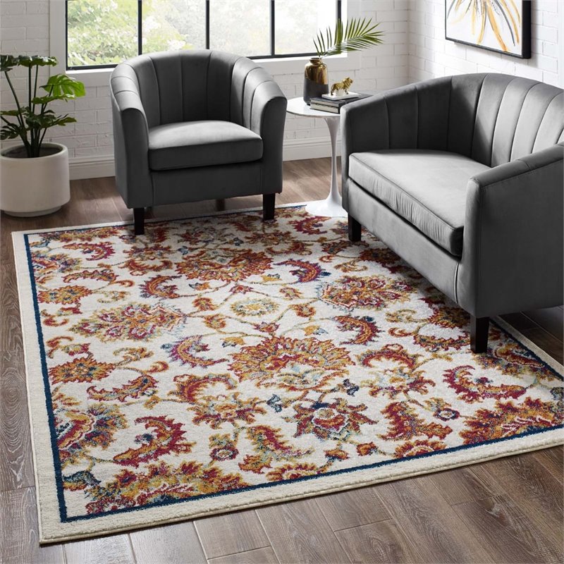 Modway Entourage Azami Floral Lattice Area Rug in Ivory/Blue/Orange/Yellow/Red