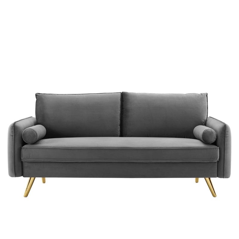 Modway Revive Modern Performance Velvet & Metal Sofa in Gray/Gold