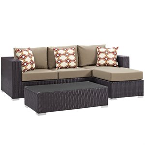 Modway Convene 3-Piece Rattan Aluminum Patio Sofa Set in Espresso/Mocha