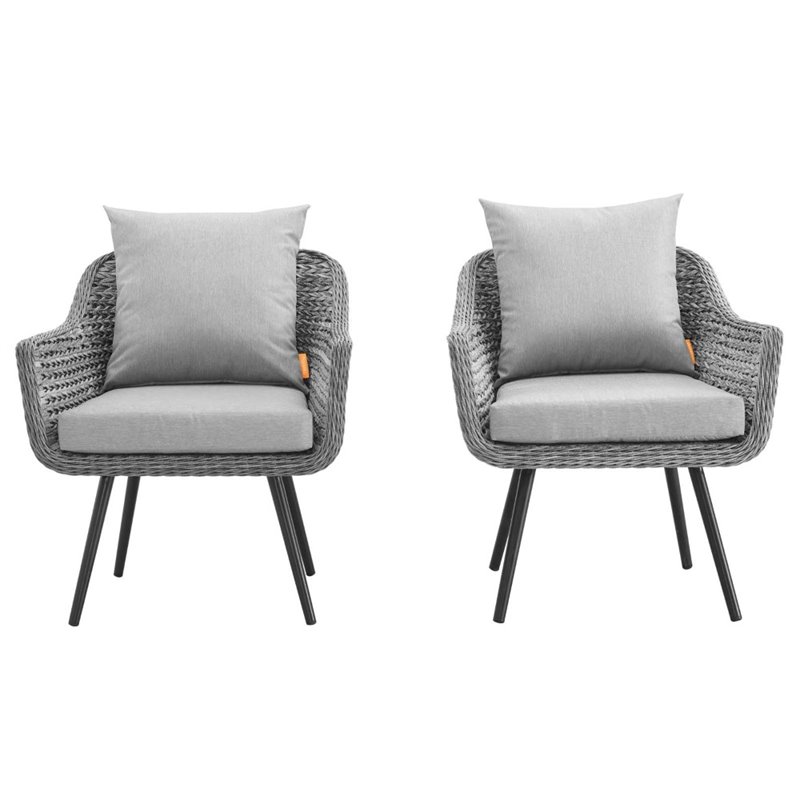 Modway Endeavor Modern Rattan Patio Arm Chair in Gray (Set of 2)
