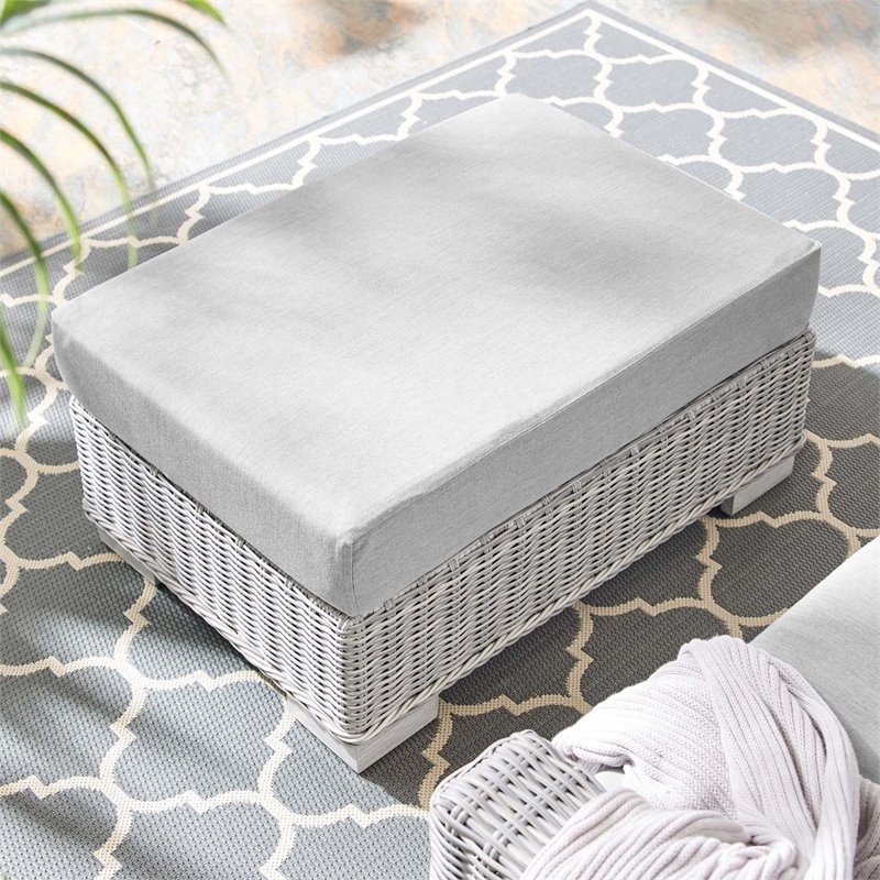 Modway Conway Modern Rattan & Fabric Outdoor Ottoman in Light Gray