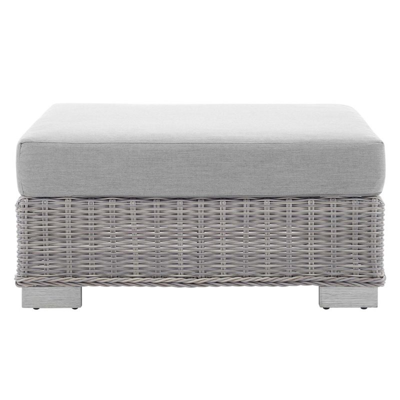 Modway Conway Modern Rattan & Fabric Outdoor Ottoman in Light Gray